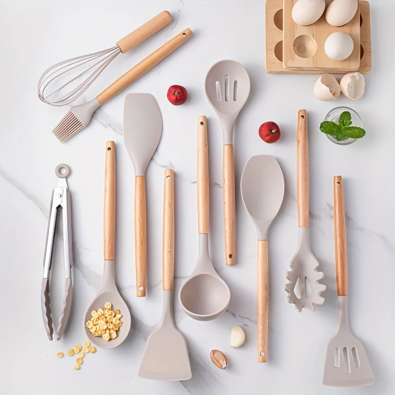 12pcs, Premium Silicone Kitchen Utensil Set with Wooden Handles-Non-Stick, Heat Resistant, and Easy to Clean Cooking Tools