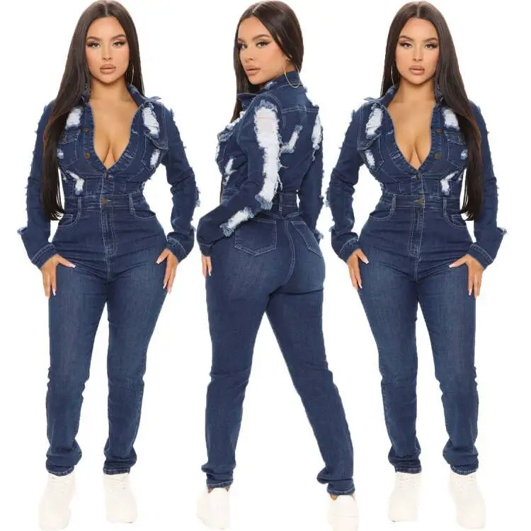 Jeans Stretch Overalls Sexy Women Turn Down Collar Elegant Blue Denim  Casual Jumpsuit Rompers - AliExpress