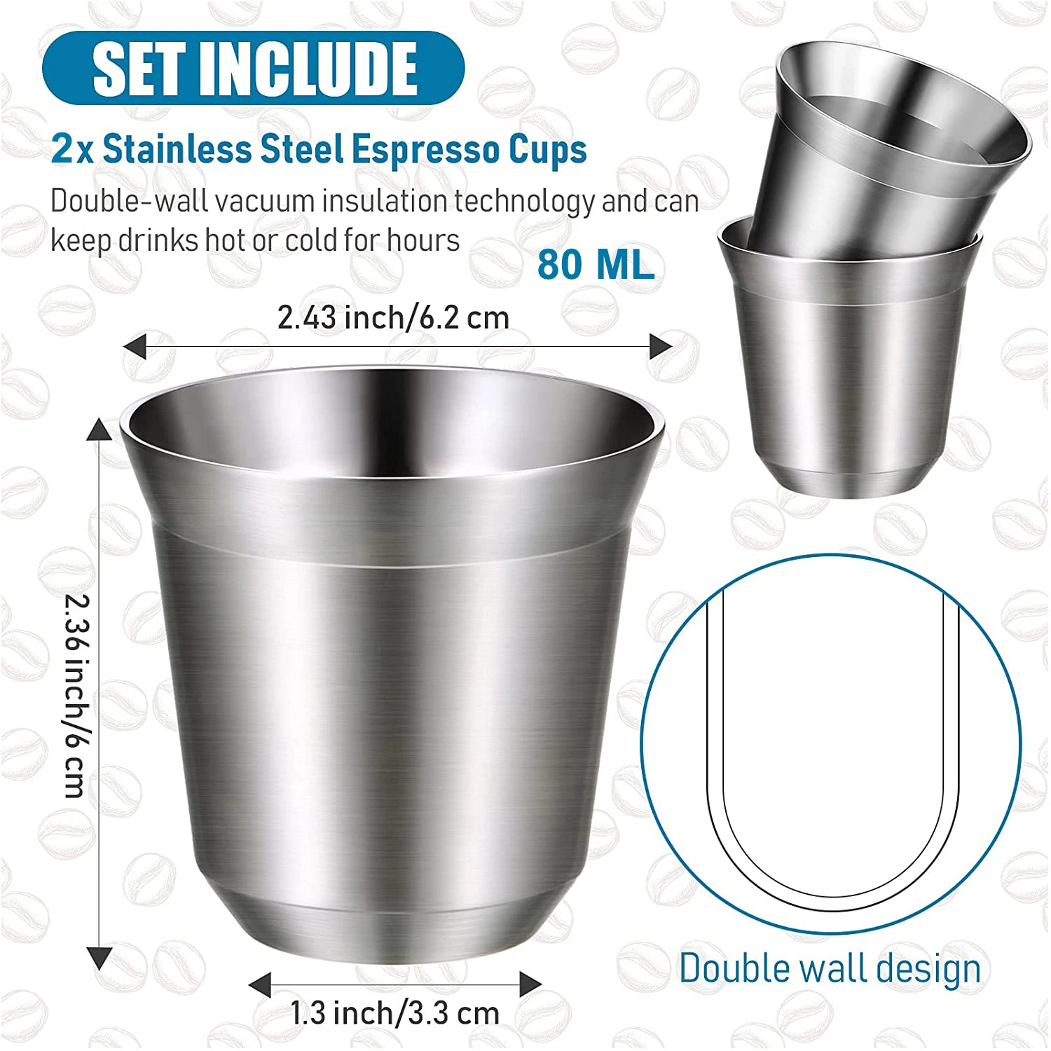 Stainless Steel Cup Coffee Cup Stainless Steel Cups Stainless Steel Mug 2 PCS 304 Stainless Steel Espresso Cups Double Wall Thermally Insulated Capsule Coffee Mug for Indoor or Outdoor Events 80/160ML