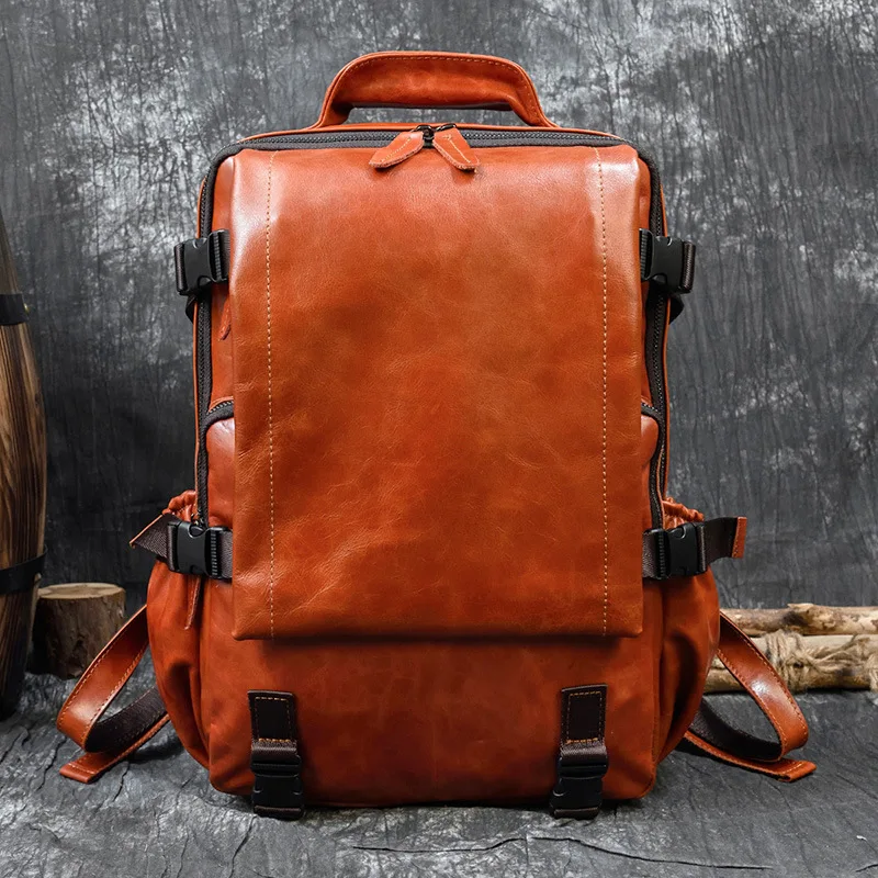 Vintage Genuine Leather Men's Backpack Large Capacity Student School Bag Fashion Cowhide Travel Backpack