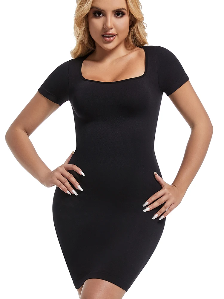 Description Picture 4 of itemWomen Short Seleeve Shapewear Slip Under Dress Full Slips Tummy Control Camisole Body Shaper Seamless Sexy Corset Underwear