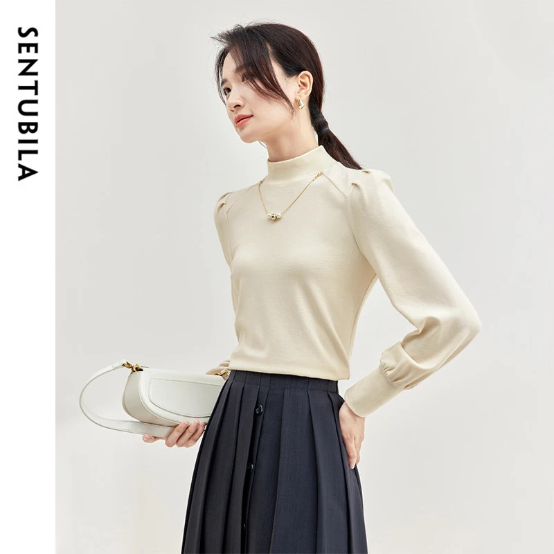 SENTUBILA Cotton Knit Slim Fit Pullovers Women 2025 Spring Hight Collar Pearl Chain Lanter Sleeve Elegant Tops Ladies 143H56768X 4