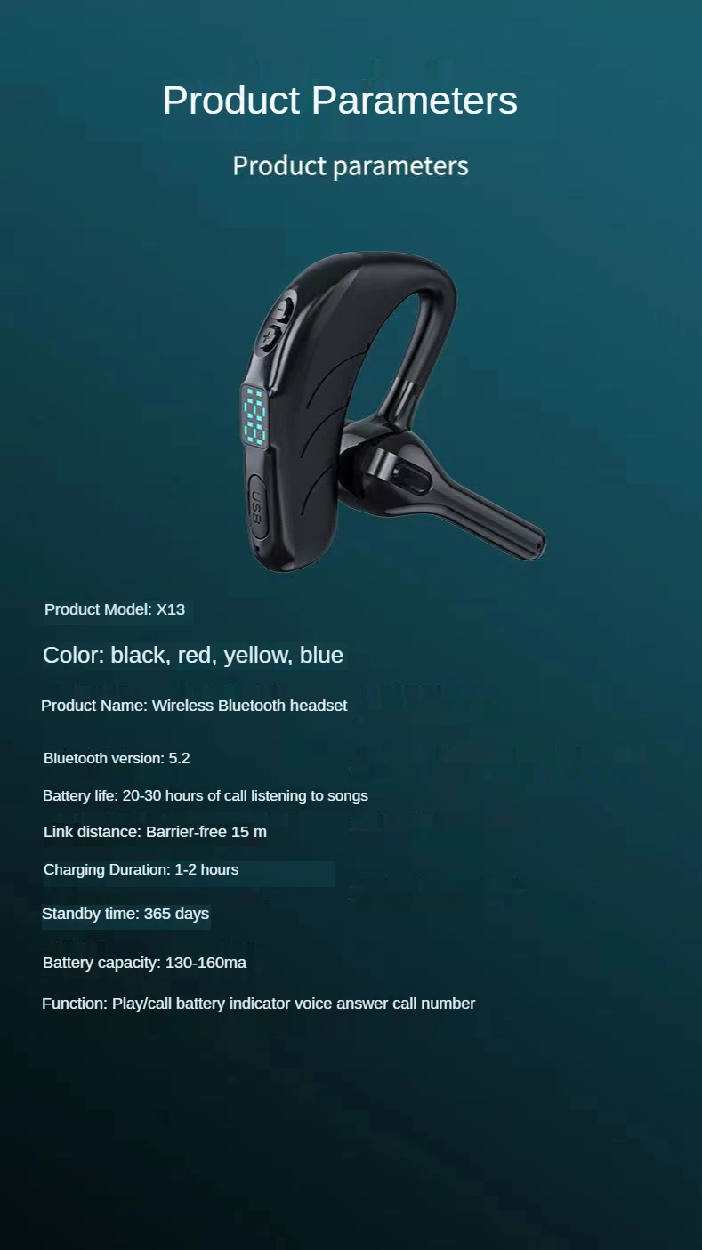 X13 싱글 이어 헤드셋(마이크 포함) Bluetooth 5.1 이어폰 소음 차단 방수 이어폰 무선 핸즈프리 긴 대기 시간