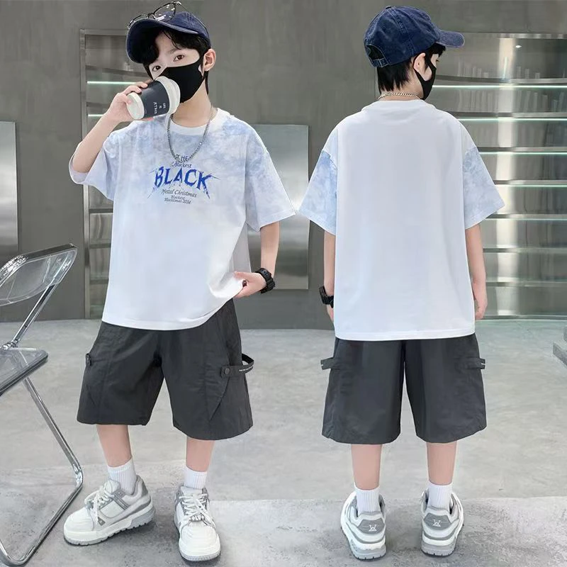 Teen Boys 2 Piece Summer Outfit Tie Dye Crewneck T-Shirt and Casual Cargo Shorts Set Big Kids Fashion Daily Street Outings Wear 2