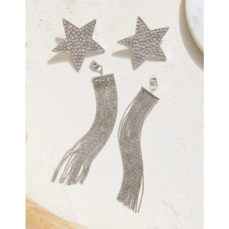 Korean Rhinestone Pentagram Long Tassel Pendant Earrings For Women