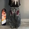 Y2K New Street Harajuku Pattern Jeans Black Baggy Jeans Hip Hop Retro Style Denim Pants Men's and Women's High Waist Wide Pants 1