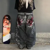 Y2K New Street Harajuku Pattern Jeans Black Baggy Jeans Hip Hop Retro Style Denim Pants Men's and Women's High Waist Wide Pants 1