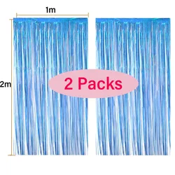 Silver Metallic Tinsel Fringe Curtains - Party Backdrop Decor (2-Pack) (Blue)