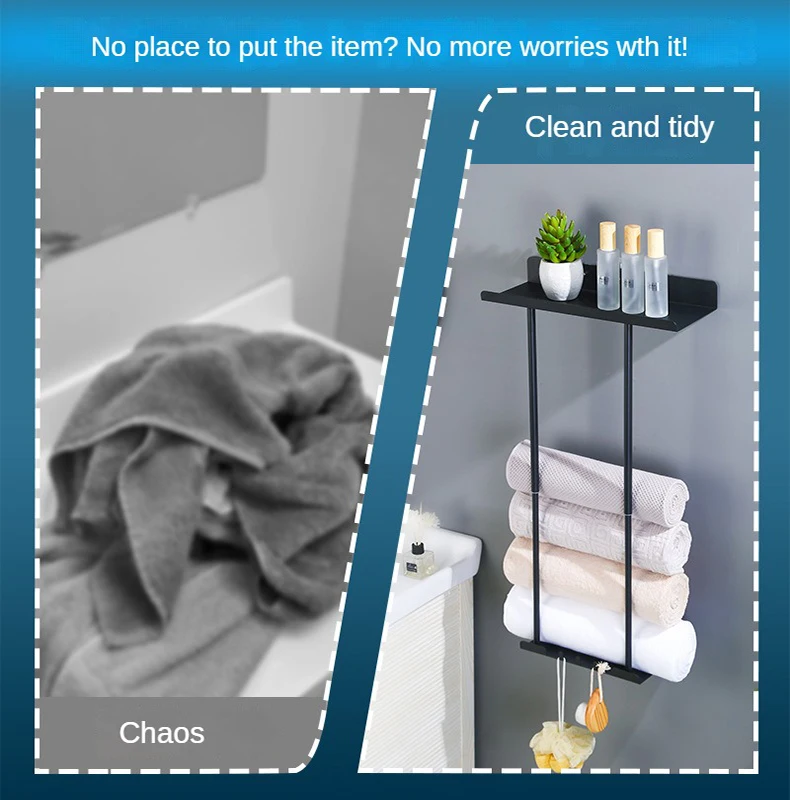 Description Picture 6 of itemRetractable Towel Rack Bathroom Accessories Wall Mount Bath Towel Shelf With Hook Black Carbon Steel Shower-room Storage Shelves