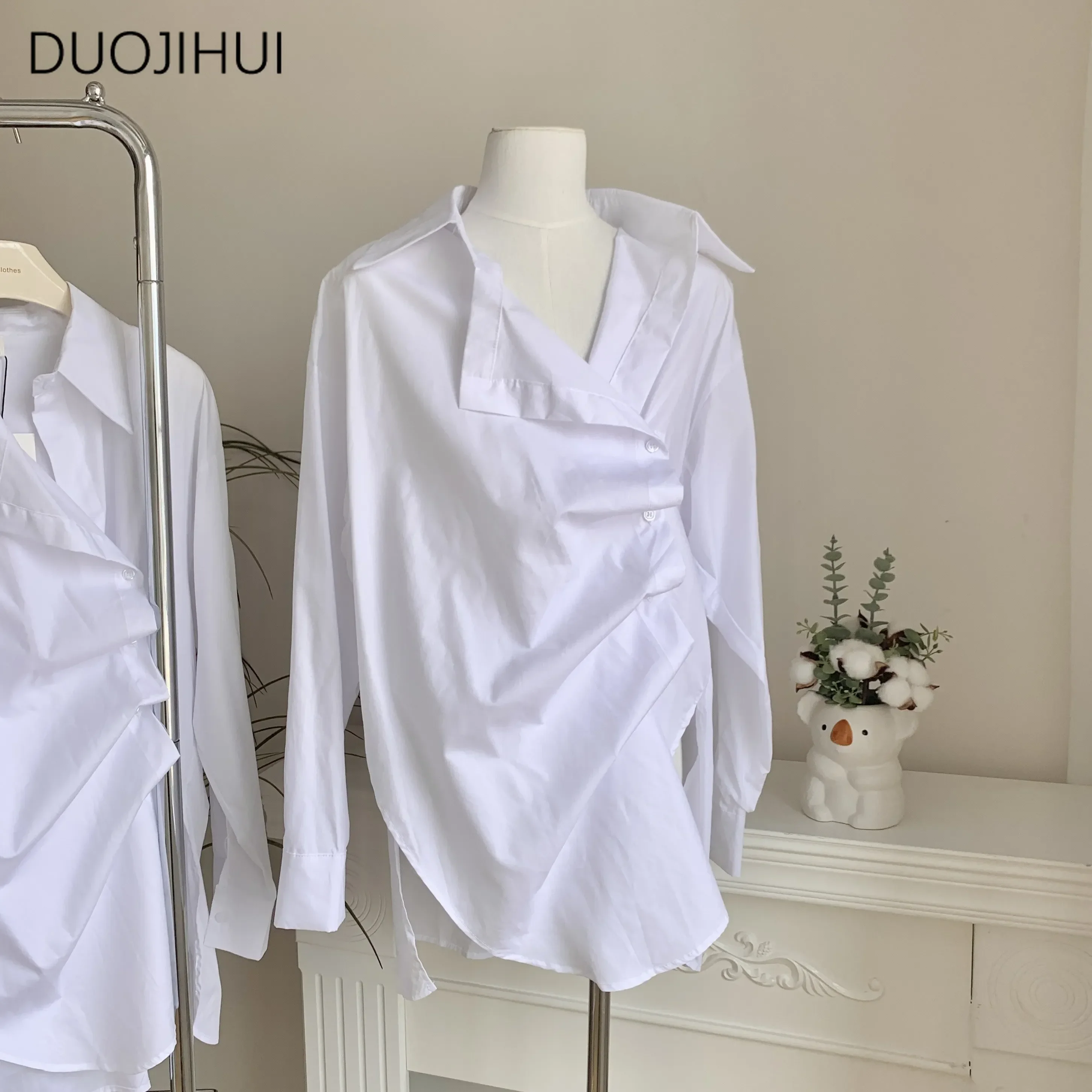 

DUOJIHUI Chicly Irregular Summer White Loose Casual Female Shirt Basic Long Sleeve Simple Button Fashion Solid Color Women Shirt