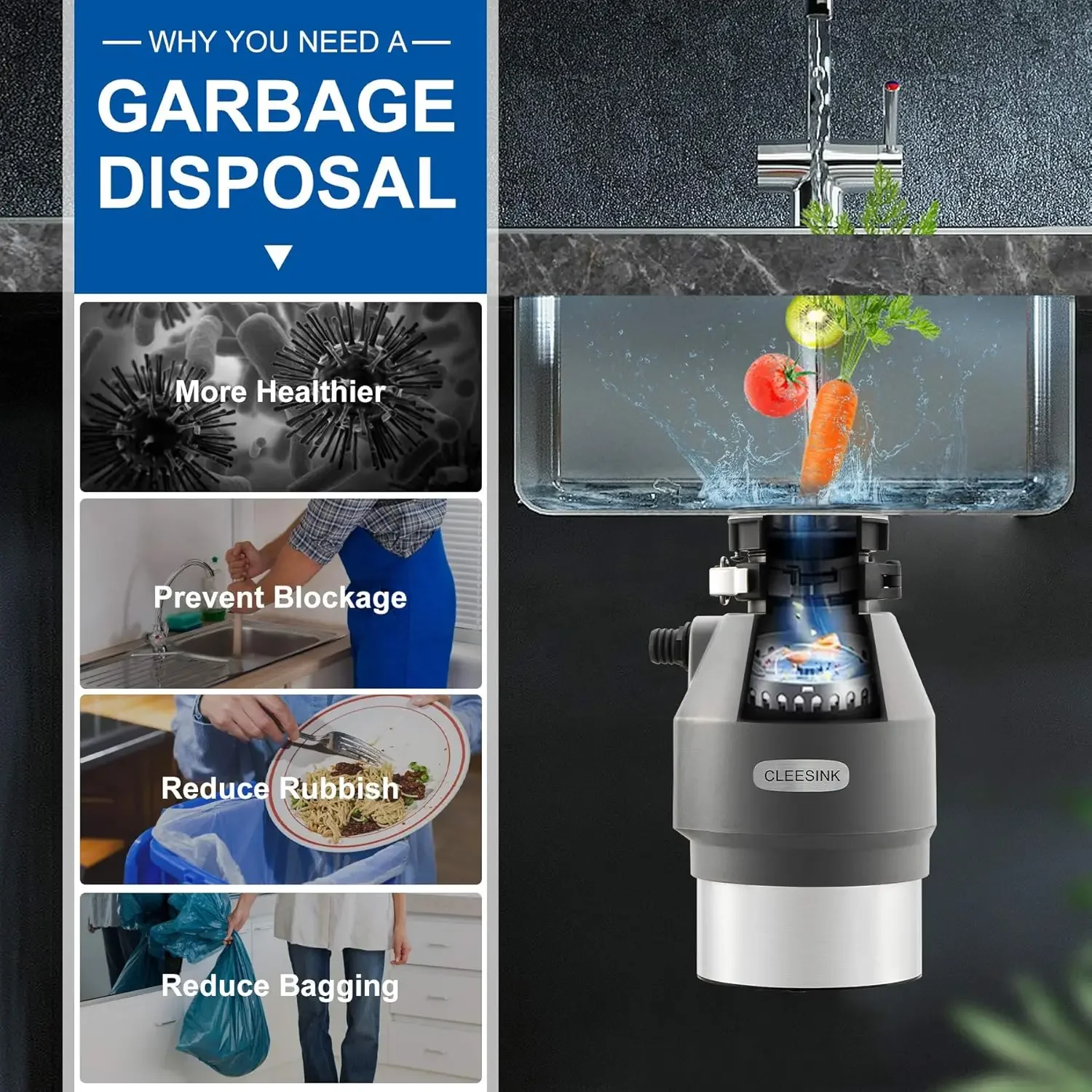 390W Continuous Feed Garbage Disposals with Induction AC Motor Sound Reduction, 1.45L High Effect Grinding Food Waste Disposer, 2