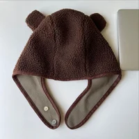 Brown Bear Ear Hat Scarf Beanies Men Women Winter Safety Helmet Rockwool Magnetic Buckle Outdoor Protector	Hat with Earflaps 5