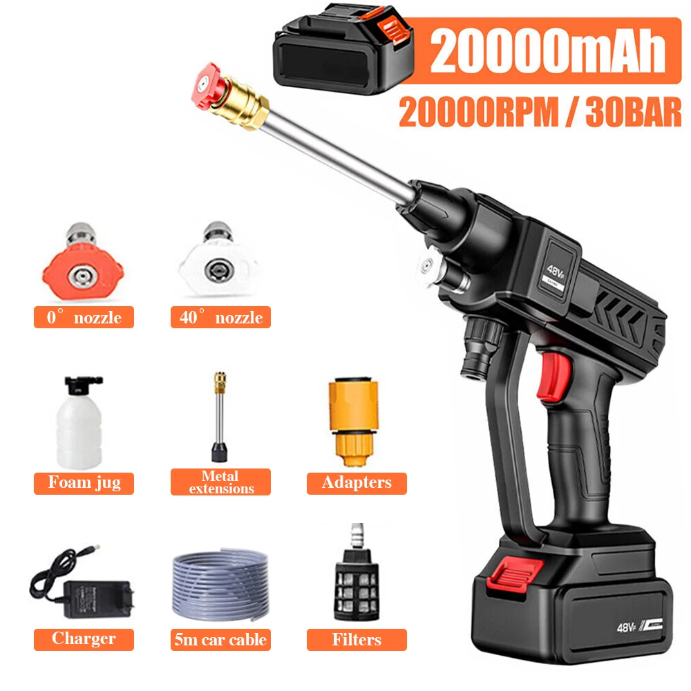

30BAR Electric High Pressure Washer Rechargeable Car Wash Gun Cordless Electric Water Gun Foam Machine for Car Fence Floor Clean