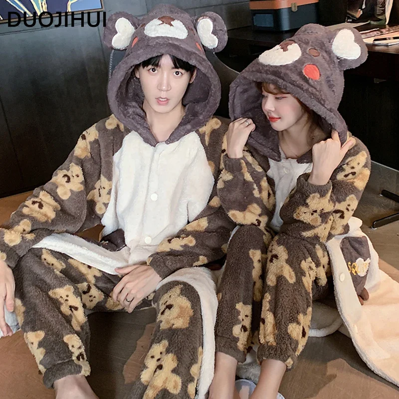 DUOJIHUI Winter Hooded Thick Warm Cute Pajamas for Women Fashion Printing Couple Clothes Loose Casual Simple Female Pajamas Set