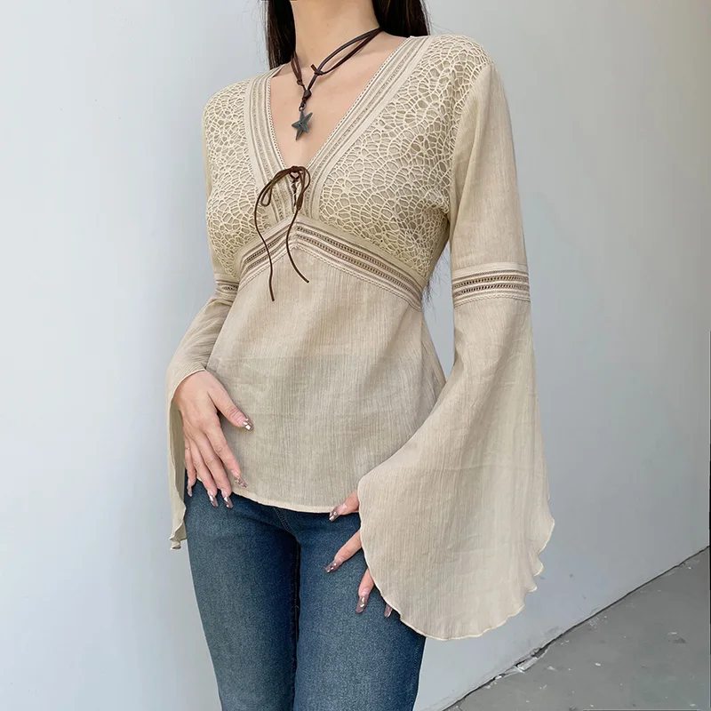 Elegant Beige Women Top Cotton V Neck Flare Sleeve Loose Fit Aesthetic Tee Shirt Vintage Chic Back Lace Up Pullovers