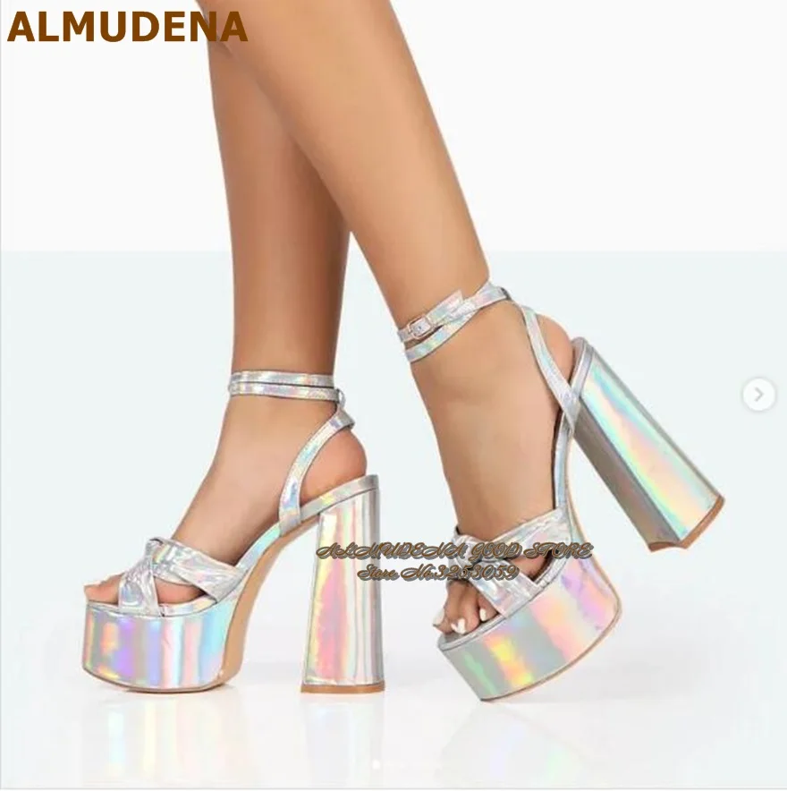 

ALMUDENA Hologram Iridescent Silver Patent Leather Sandals Strange Chunky Heel Platform Bride Shoes Butterfly-Knot Buckle Strap