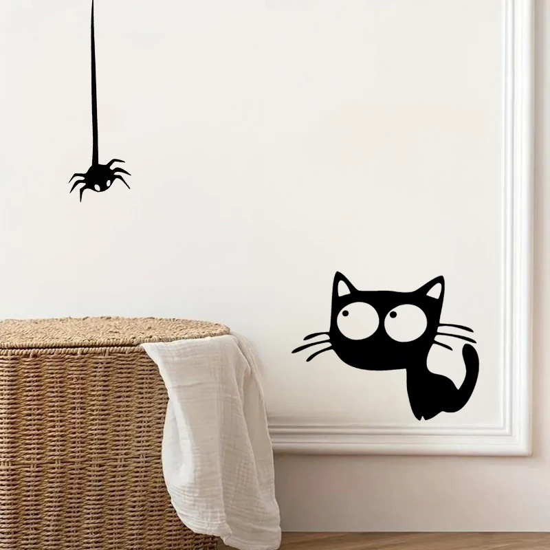 Funny Cat with a Spider Sticker Waterproof Decor for Wall Refrigerator Door Window