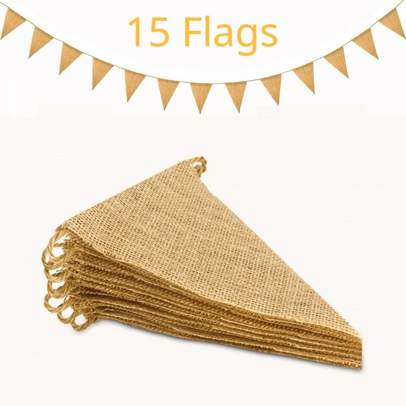 

4.3M 15 Flags Vintage Jute Hessian Burlap Bunting Banner Wedding party Photography Props Celebration Party Decoration