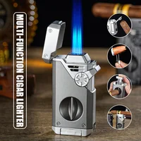 Four Blue Flame Rocker Cigar Lighter V-Cigar Cutter Cigar Rig Anti-Hot Fork Visual Gas Window Multi-Function Ignition 1