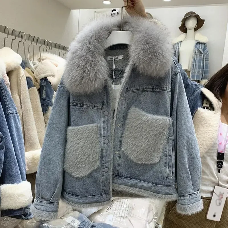 2023 50% cotton  Fashion Korean Edition Thickened Denim Coat Women Autumn Winter Loose Sweetened Lamb Wool Cotton Coat Polo Neck