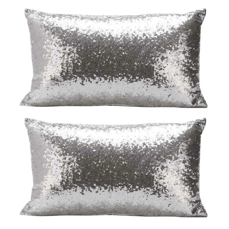 2X Rectangle Pillowcase,Solid Color Glitter Sequins Throw Pillow Case(Silver)