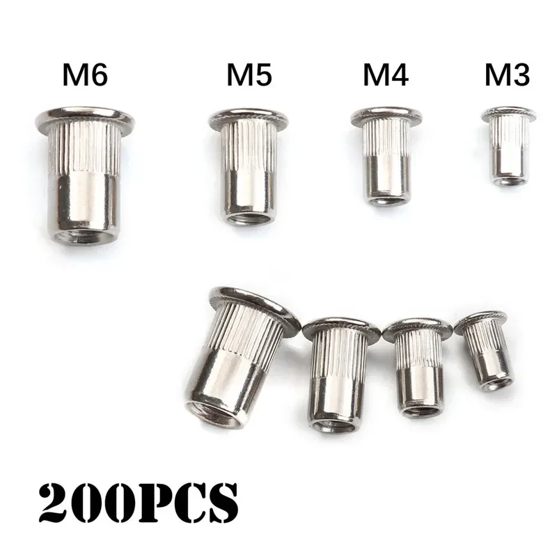 200/50pcs Rivet Nut Stainless Steel / Carbon Flat Head Nuts Set M3 M4 M5 M6 Threaded Insert Rivnut Cap Riveted