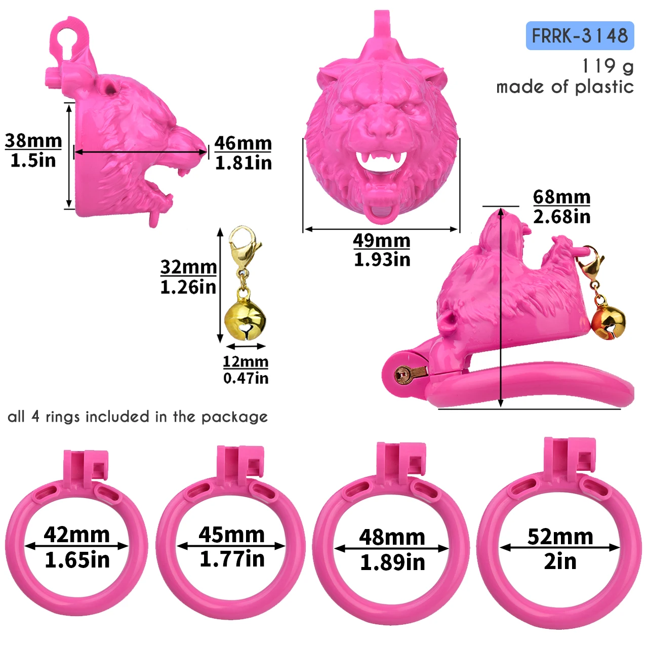 FRRK Auspicious Cub Chastity Cage Device with Metal Bell for Man Metal Penis Rings Tiger Mouth Urethral Tunel 요도 Adults Toys