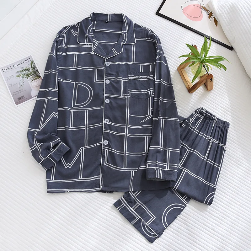 Spring and summer new men's pajamas long-sleeved trousers two-piece set 100% viscose thin homewear set cardigan large size sleep