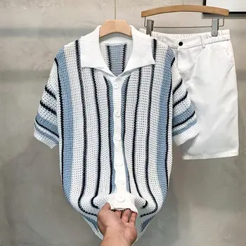 Polo da Uomo Casual a Righe Stile Street, Maglia con Colletto Semplice e Dettagli Traforati, Top Estivo Comodo e Traspirante a Mezza Manica