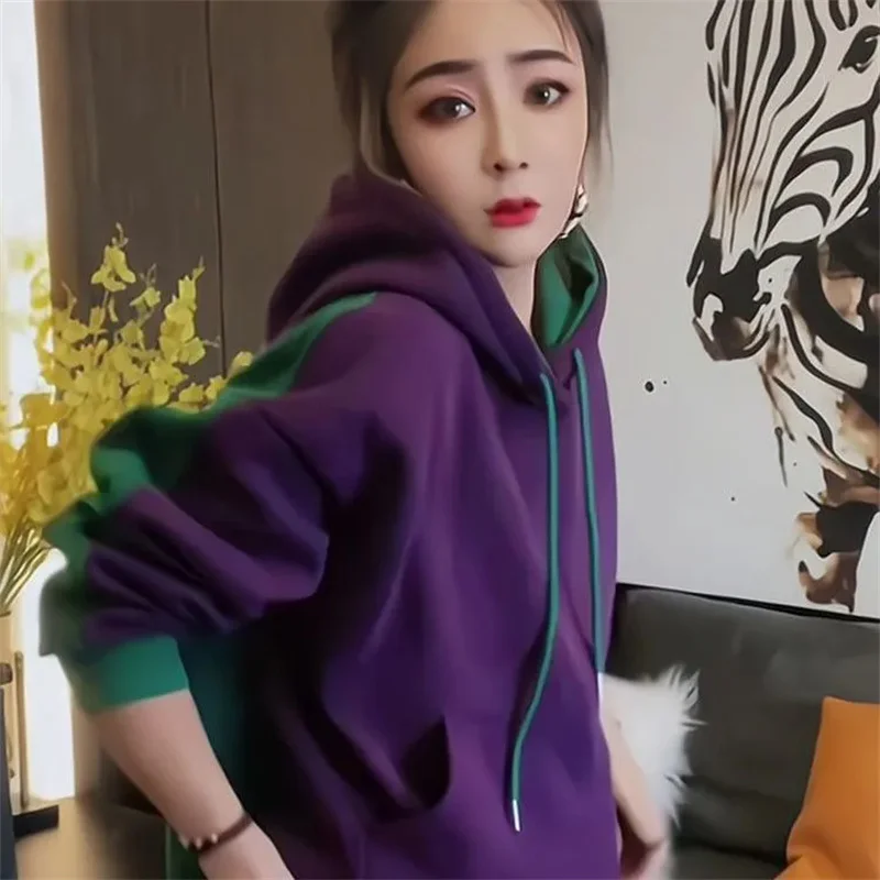Heavy weight European Autumn And Winter 2025 New Long Sleeved Women's High-End Top Purple Hooded Contrasting Sweatshirt Jacket