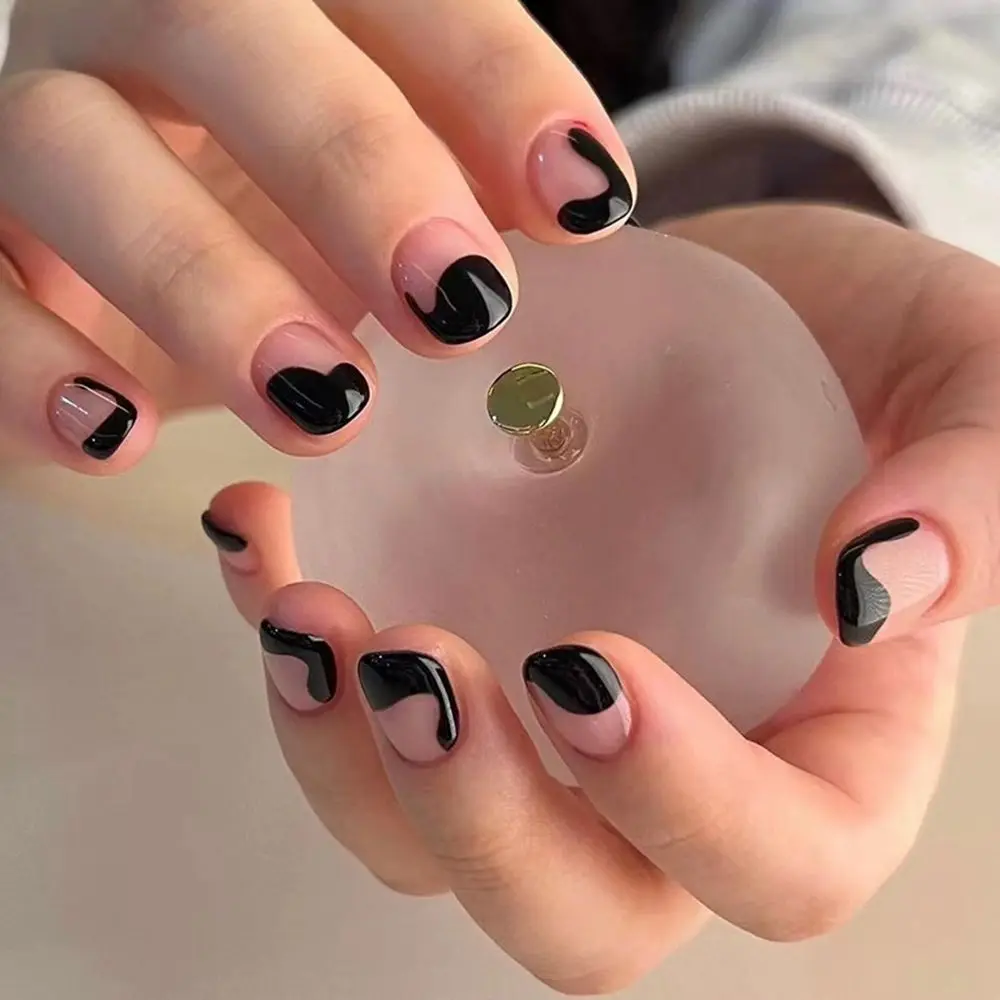 24Pcs Short Round Head False Nails With Black Flower Design Wearable French  Fake Nails Full Cover Nail Tips Press On Nails| | - AliExpress