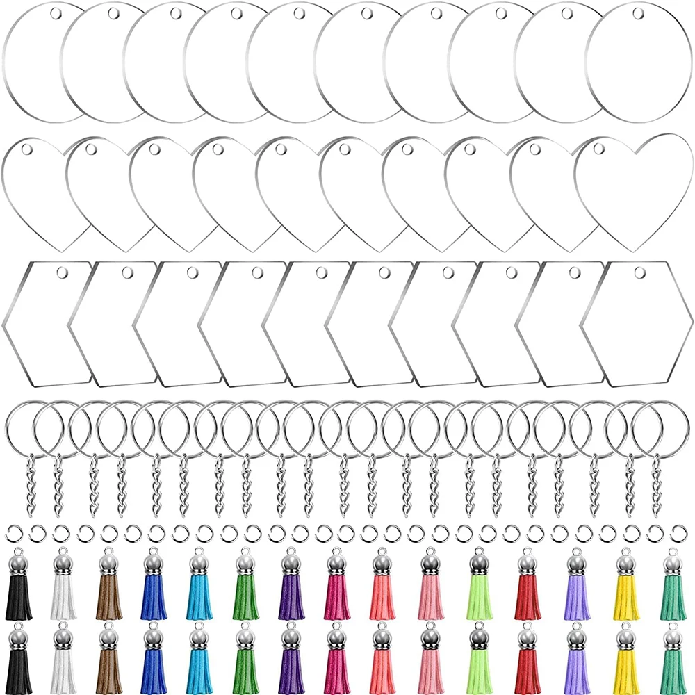 

120PCS Acrylic Blank Ornaments Set Key Chain Kit with Tassels Jump Ring for Crafting DIY Keychain Making Festival Decoration