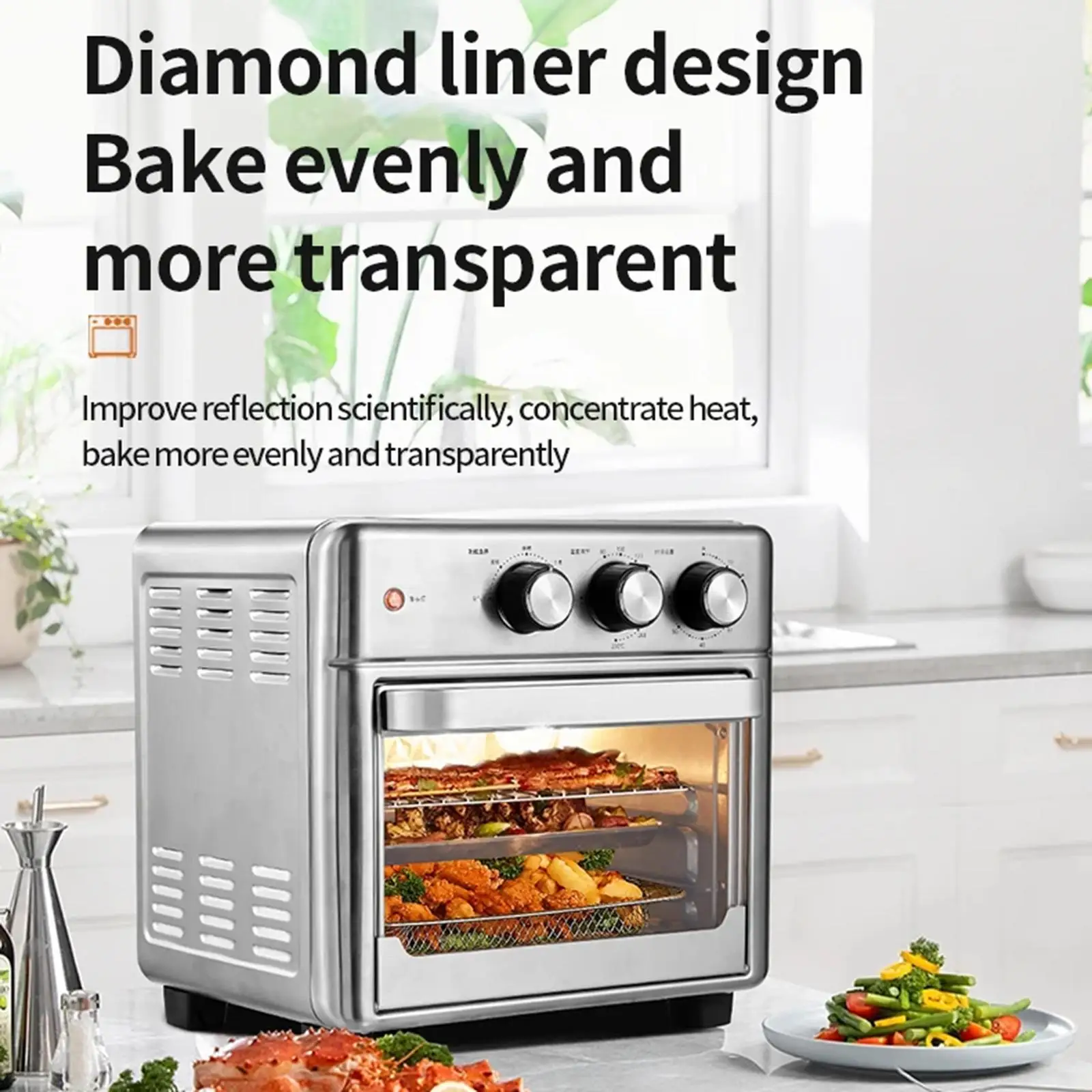 5 in 1 Air Fryer 1200W Stainless Steel Toaster Oven with Grill Kitchen Convection Oven Timer Knob Control for Meat Roast Chicken