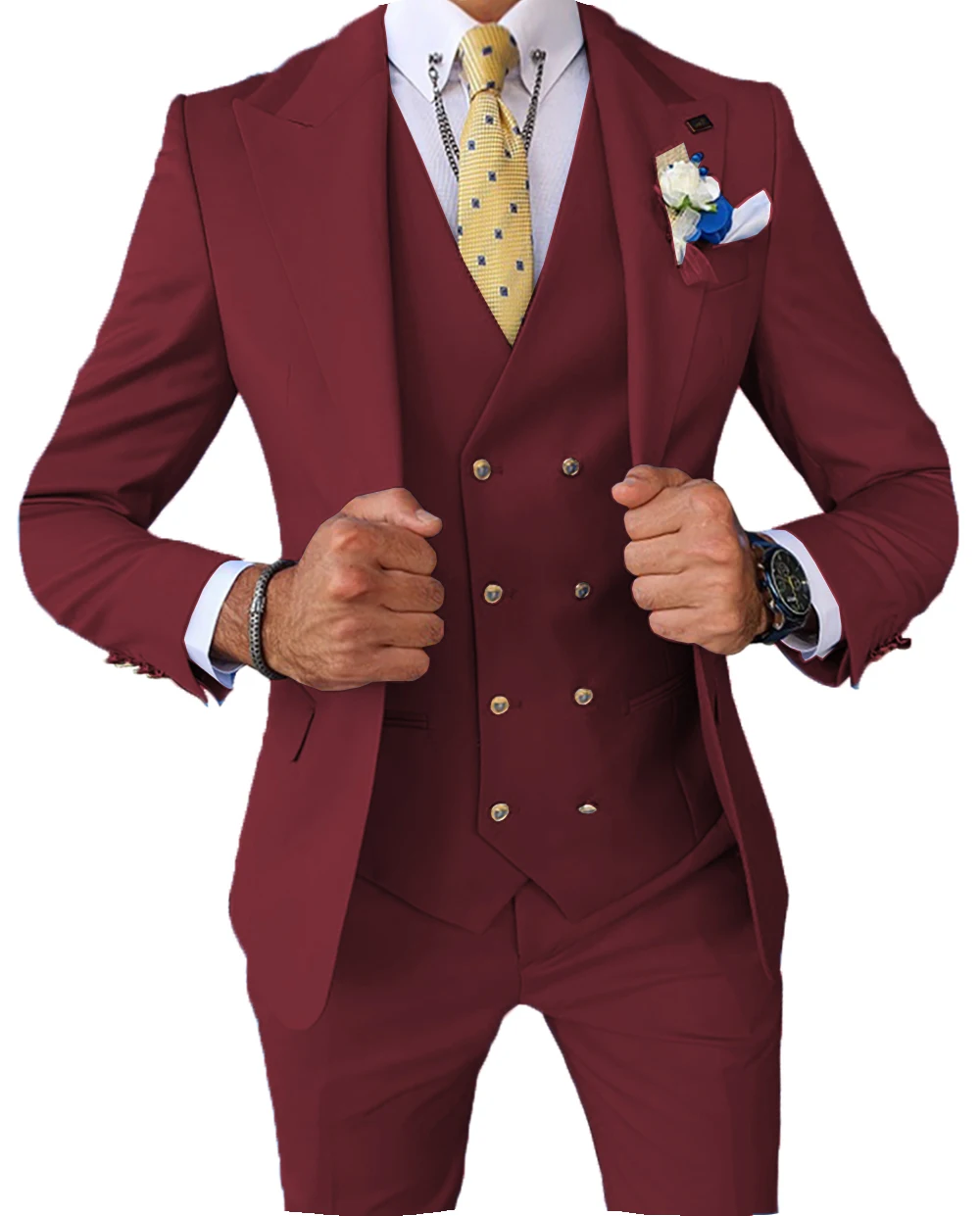 Men Suits 3 Pieces Slim Fit Business Suits Groom Blue Noble Grey White Tuxedos for Formal Wedding suit(Blazer+Pants+Vest) 5