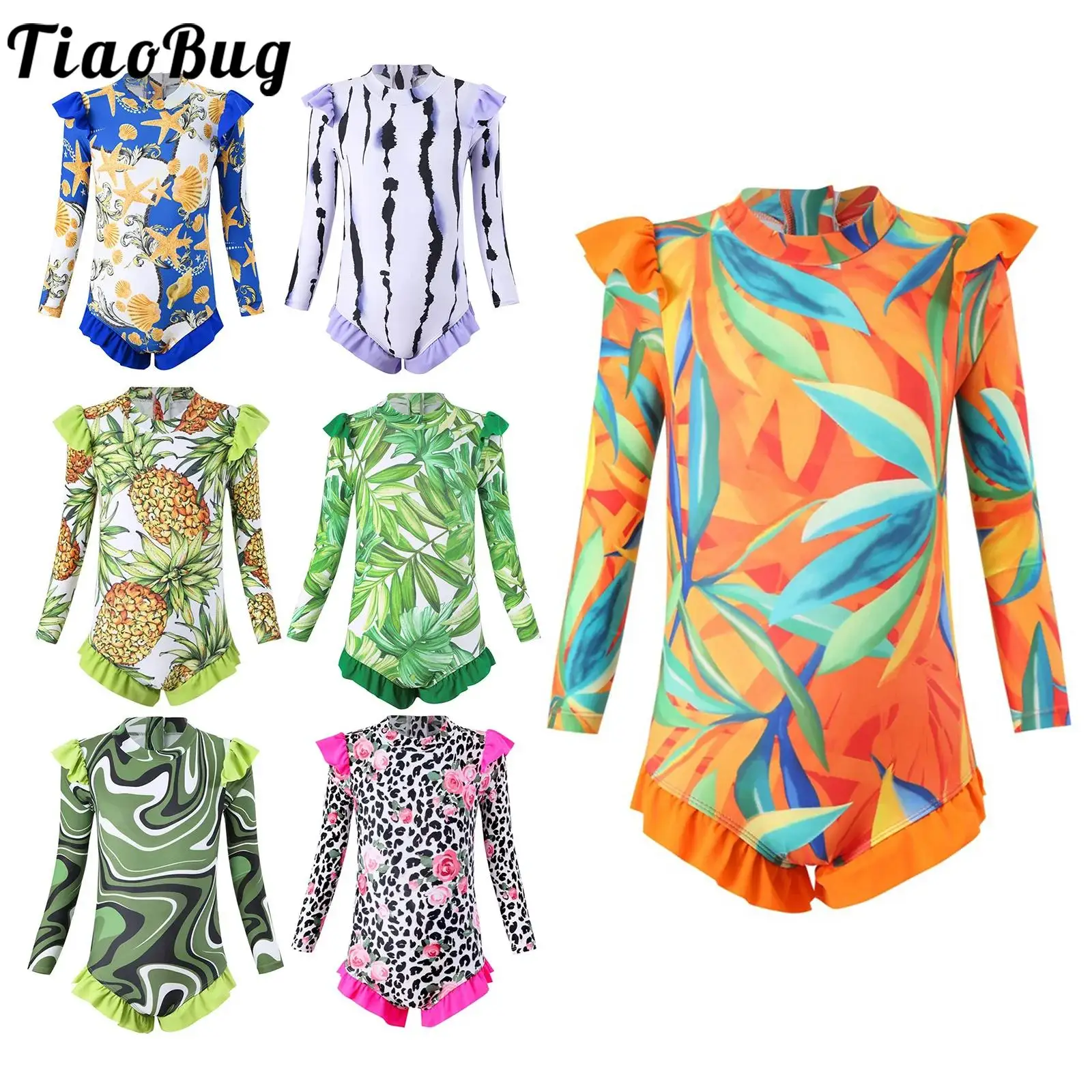 

TiaoBug Kids Girls One-piece Swimsuit Rash GuardLong Sleeve Ruffle Print Sport Swimwear Beachwear Bathing Suit UPF 50+