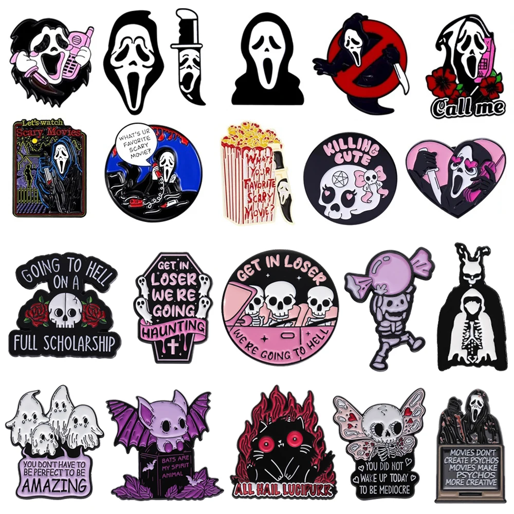 

Goth Ghost Enamel Brooch Pink Phone Ghost Popcorn Dagger Candy Sickle Flower Skull Tombstone Horror Badge Punk Pins Jewelry Gift