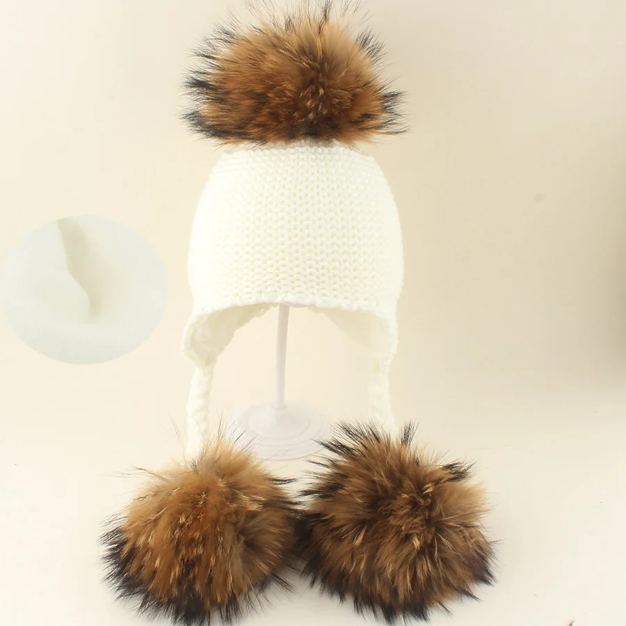 Winter Echtpelz Pompom 3 Ball Hut Warme Samt Futter Gestrickte Mützen Für Kinder Baby Outdoor Feece Kappe Ohr Schutz Hüte