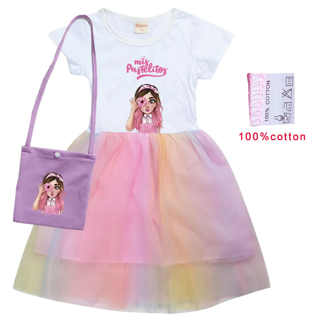 Mis Pastelitos Cartoon Costume Kids Summer Rainbow Dress Girls Wedding Party Princess Vestidos Baby Girl Short Sleeve Dresses