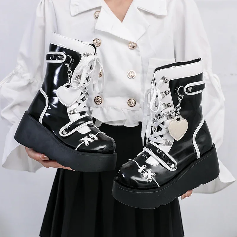 

Boots Woman Lolita Shoes Winter 2023 Platform Heels Women's Mid Calf Booties Gothic Pink Cute Chain JK Cosplay Japanese Style