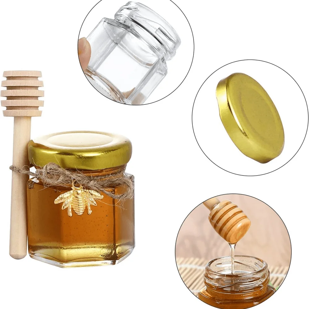 1.5/2/3 oz Hexagonal Mini Glass Honey Jar with Wooden Spoon Bee Pendant Jutes for Party Wedding Gifts