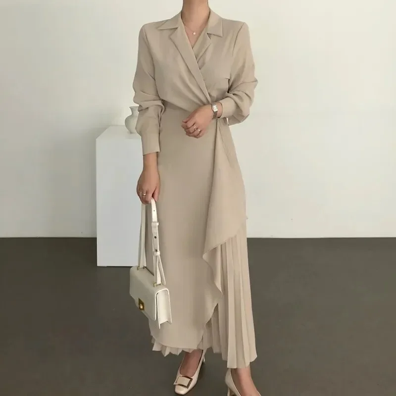 

TPJB Autumn Women's V-neck Asymmetrical Waist Retraction Pleated Dress Elegant Irregular Hem Design Long Skirt Dress for Women