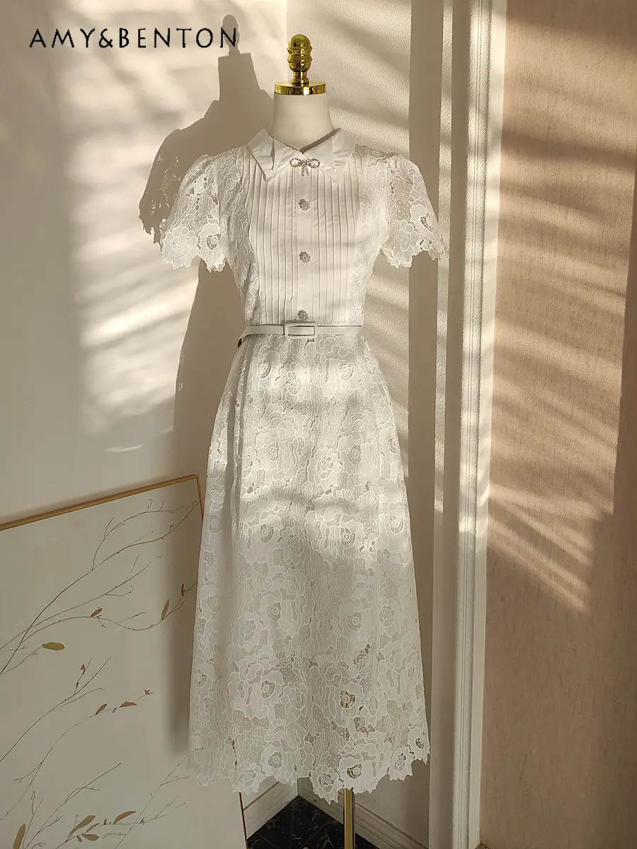 

French Style Design Lapel White Short Sleeve Dress Lace Embroidery Hollow-out Cinched Belt Diamond Bow Slim Dress Summer