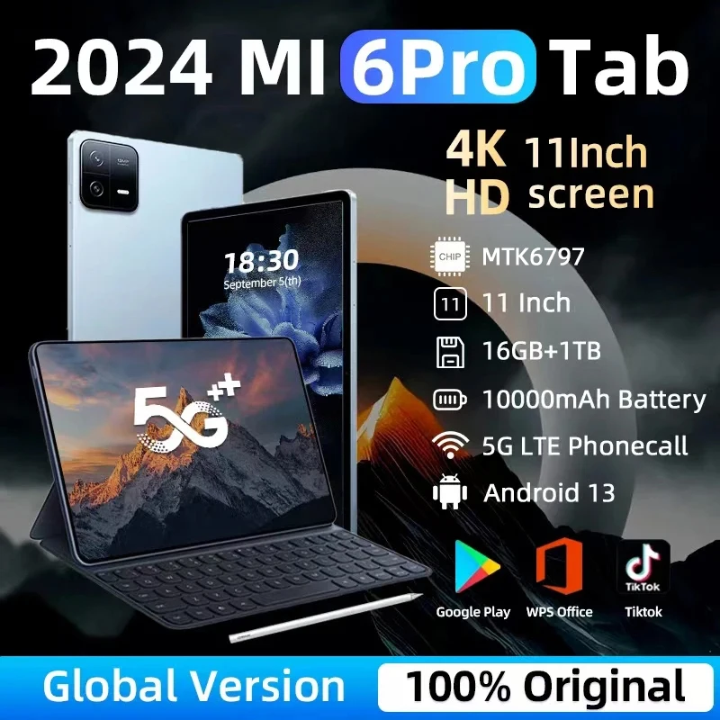 Tableta Original Pad 6 Pro versión Global, PC NTK6797, 2024 mAh, Android 13, 11 pulgadas, 16GB + 10000 GB, 5G, HD, 4K, WIFI, Mi, 1024
