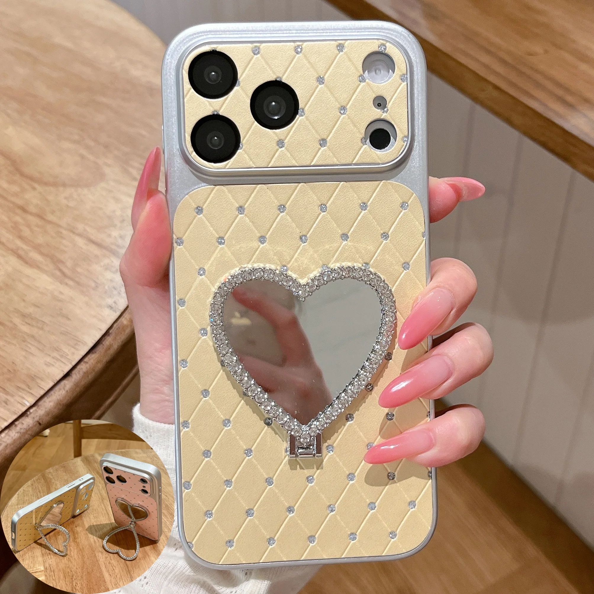 Invisible Bracket Case With Mirror And Heart For Iphone 16 Pro Max_voghion.com