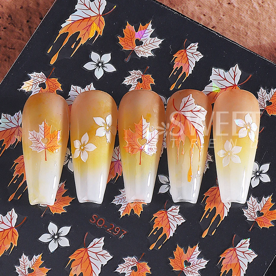 2pcs Autumn Winter Maple Leaf Nail Stickers 3D Gradient Fallen Leaves Petals Design Self-Adhesive Nail Decal Manicure Decoration