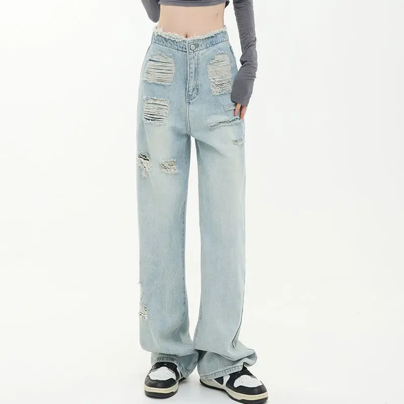 

2023 Women's Jeans Spring and Summer New Pattern Pants Hole Retro Loose and Comfortable High Waist Free Shipping