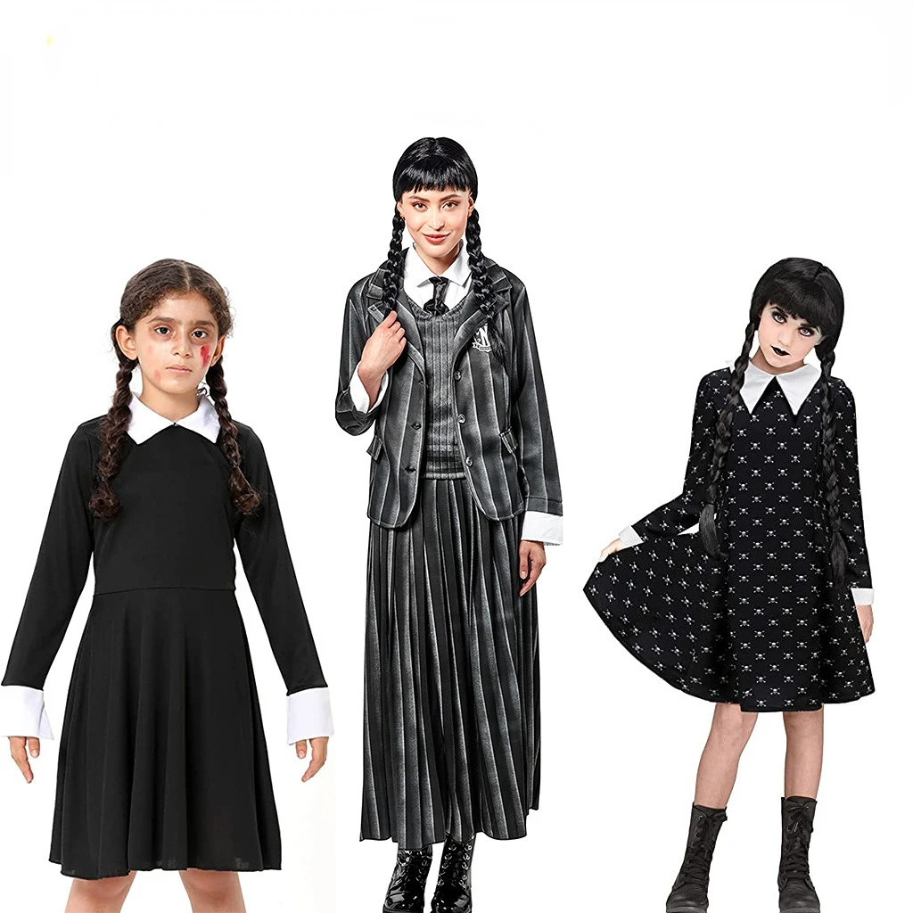 Kids Children Wednesday Wednesday Cosplay Costume Dress Outfits Halloween Carnival Suit Black Dress Role Play for Girls cosplay costume halloween dress outfit