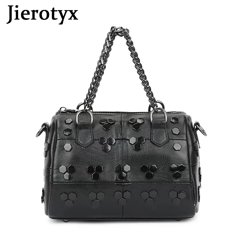 JIEROTYX Handbags for Women Gothic Rivet Female Tote Shoulder Bag Studded Leather Satchel Bags with Chain Black Leather