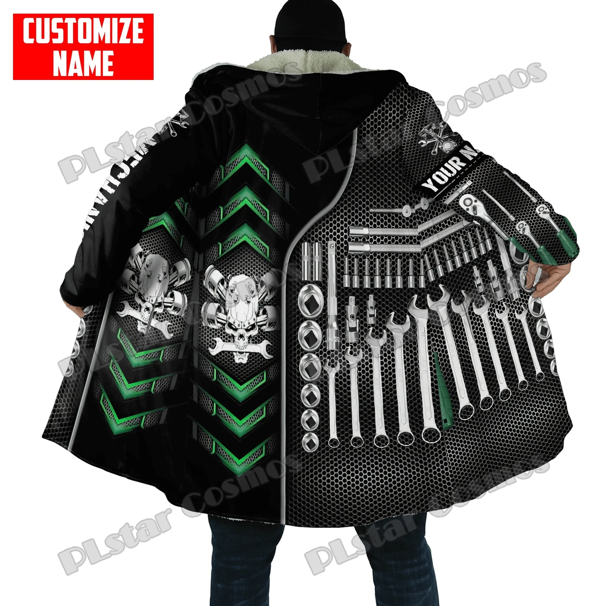 Personalisierter Mechaniker-Schädel-Werkzeug, Metall, 3D-gedruckt, Herren-Fleece-Kapuzenmantel, Winter, Unisex, lässig, dick, warm, Cape-Mantel PJ07 – Detail 11
