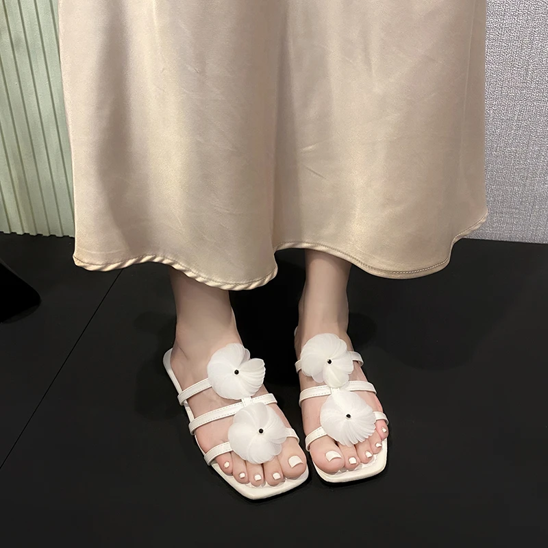 Aphixta Women Flat With Slides White Flower Dec Woman Slippers Summer Beach Square Toe Casual Shoes Woman 2025 Trend Shoes